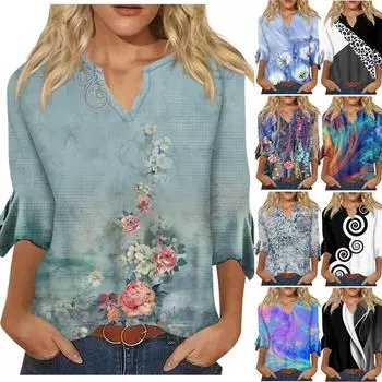 Женские топы с геометрическим принтом и длинными рукавами, дышащая рубашка с V-образным вырезом XL чёрный