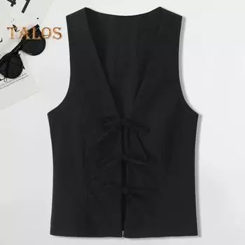 Женские топы с глубоким v-образным вырезом, свободный жилет без рукавов, однотонные свободные топы на шнуровке спереди, топы на бретелях в повседневном стиле XS чёрный