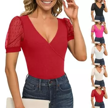 Женские топы с глубоким V-образным вырезом и перекрестным запахом, сексуальные топы, сетчатая футболка с коротким рукавом в горошек, повседневные блузки M бежевый