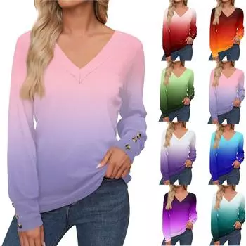 Женские топы с градиентным принтом, рубашка с длинным рукавом, V-образный вырез, повседневная свободная футболка, осенняя одежда L темно-синий