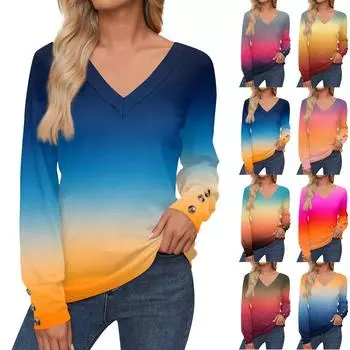 Женские топы с градиентным принтом, рубашка с длинным рукавом, V-образный вырез, повседневная свободная футболка, осенняя одежда S шафрановый