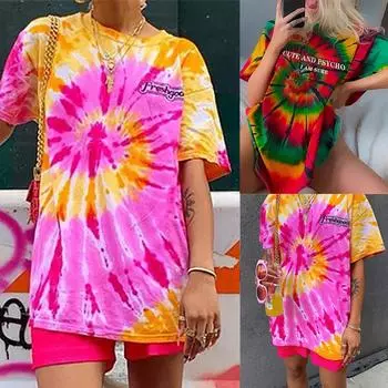 Женские топы с градиентом тай-дай, туника, пуловер, блузка с короткими рукавами, футболка