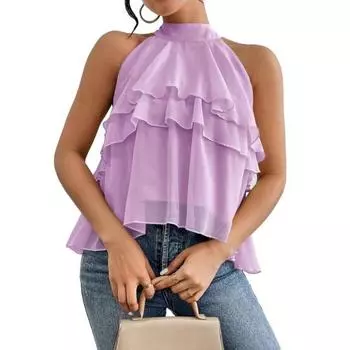 Женские топы с халтер-вырезом, без рукавов, однотонные, пуловеры, многослойный рюш по подолу, стиль для работы, короткие топы S фиолетовый
