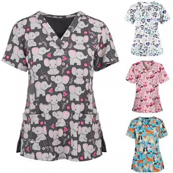 Женские топы с коротким рукавом и v-образным вырезом, рабочая униформа, блузка XXL чёрный