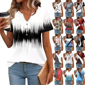 Женские топы с коротким рукавом, летние футболки с V-образным вырезом, повседневная плиссированная блузка, свободный принт, базовая футболка XL