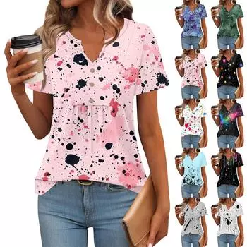 Женские топы с коротким рукавом, летние футболки с V-образным вырезом, повседневная плиссированная блузка, свободный принт, базовая футболка M