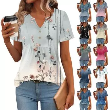 Женские топы с коротким рукавом, летние футболки с V-образным вырезом, повседневная плиссированная блузка, свободный принт, базовая футболка XXXL