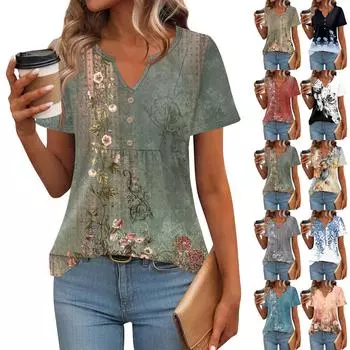 Женские топы с коротким рукавом, летние футболки с V-образным вырезом, повседневная плиссированная блузка, свободный принт, базовая футболка S синий