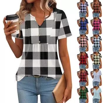 Женские топы с коротким рукавом, летние футболки с V-образным вырезом, повседневная плиссированная блузка, свободный принт, базовая футболка XXL винный