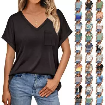 Женские топы с коротким рукавом, рубашки с v-образным вырезом и нагрудными карманами, свободные повседневные базовые футболки, летняя одежда L чёрный