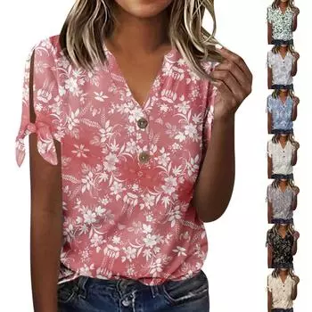 Женские топы с коротким рукавом с цветочным принтом, винтажные модные повседневные свободные рубашки с V-образным вырезом, рубашки больших размеров L чёрный