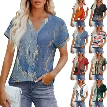 Женские топы с коротким рукавом V-образным вырезом, блузка, нарядная повседневная одежда с принтом и вышивкой, летняя модная одежда XXL