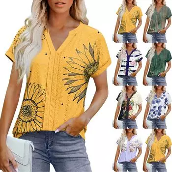 Женские топы с коротким рукавом V-образным вырезом, блузка, нарядная повседневная одежда с принтом и вышивкой, летняя модная одежда M фиолетовый