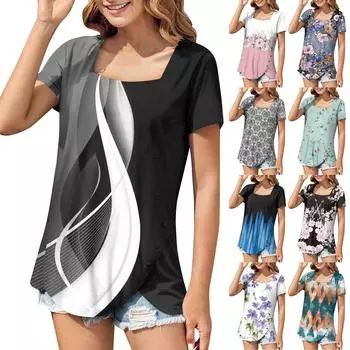 Женские топы с коротким рукавом, винтажные модные повседневные свободные рубашки с квадратным вырезом, рубашки больших размеров, футболки с цветочным принтом L чёрный