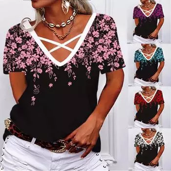 Женские топы с короткими рукавами, блузка с принтом, футболка с ремешками на шее, повседневная рубашка больших размеров 5XL фиолетовый