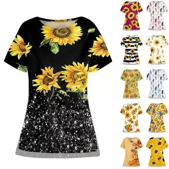 Женские топы с короткими рукавами и принтом, карманы и круглый вырез, свободная повседневная футболка из дышащей ткани L чёрный