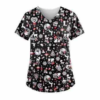 Женские топы с короткими рукавами и v-образным вырезом с рождественским принтом, рабочая блузка с карманами L чёрный