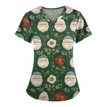 Женские топы с короткими рукавами и v-образным вырезом с рождественским принтом, рабочая блузка с карманами L