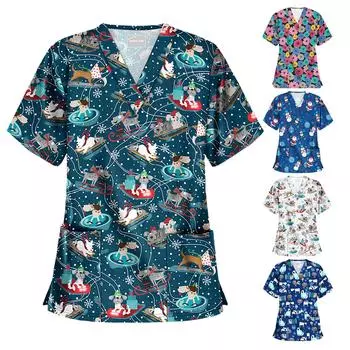 Женские топы с короткими рукавами и v-образным вырезом, рабочая рождественская блузка на День Благодарения L синий