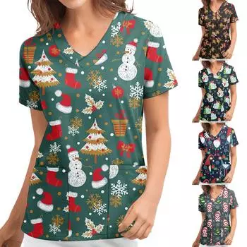 Женские топы с короткими рукавами и v-образным вырезом с рождественским принтом, рабочая карманная блузка L темно-синий