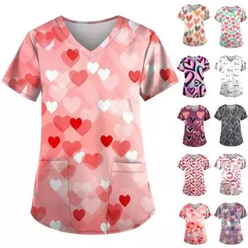 Женские топы с короткими рукавами и v-образным вырезом с принтом в виде сердечек на День святого Валентина, рабочая блузка с карманами L чёрный