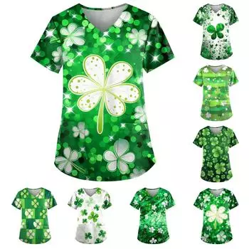 Женские топы с короткими рукавами и v-образным вырезом с принтом в виде сердечек на День святого Валентина, рабочая блузка с карманами L армия зеленый