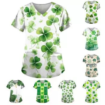 Женские топы с короткими рукавами и v-образным вырезом с принтом в виде сердечек на День святого Валентина, рабочая блузка с карманами L