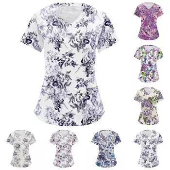 Женские топы с короткими рукавами и v-образным вырезом в стиле ретро с цветочным принтом, рабочая блузка с карманами L зелёный