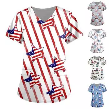 Женские топы с короткими рукавами и v-образным вырезом с принтом, рабочая блузка с карманами и принтом ко Дню независимости L синий
