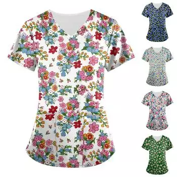 Женские топы с короткими рукавами и v-образным вырезом с цветочным принтом, рабочая униформа, карманная блузка XXXL