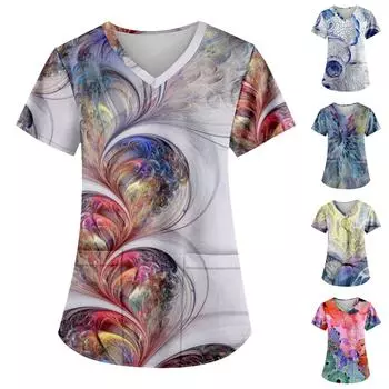 Женские топы с короткими рукавами и v-образным вырезом с принтом, рабочая блузка с карманами и принтом M синий