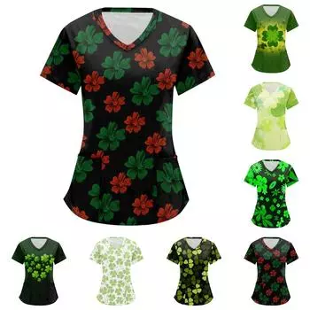 Женские топы с короткими рукавами и v-образным вырезом с принтом Святого Патрика, рабочая блузка с карманами L