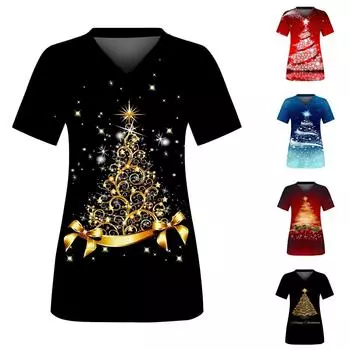 Женские топы с короткими рукавами и v-образным вырезом с рождественским принтом, рабочая форма, карманная блузка XXXL чёрный