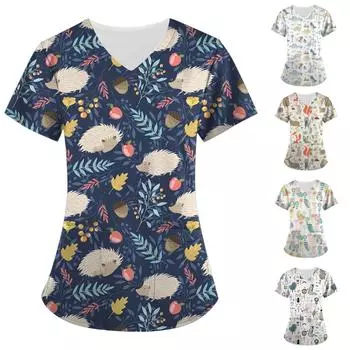 Женские топы с короткими рукавами и v-образным вырезом с принтом, рабочая форма, карманная блузка XXL белый