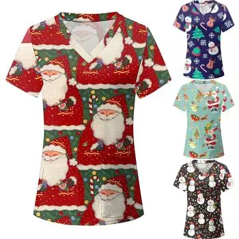 Женские топы с короткими рукавами и v-образным вырезом с рождественским принтом, рабочая форма, карманная блузка M чёрный