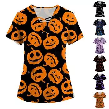 Женские топы с короткими рукавами и v-образным вырезом с принтом на Хэллоуин, рабочая блузка с карманами XL темно-фиолетового