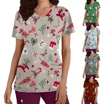 Женские топы с короткими рукавами и v-образным вырезом с рождественским принтом, рабочая форма, карманная блузка L