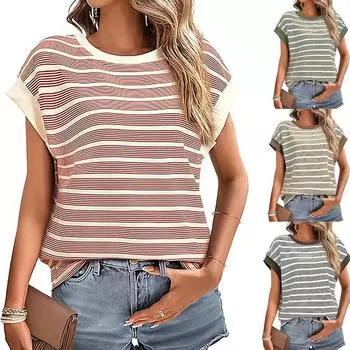 Женские топы с короткими рукавами, повседневные, с круглым вырезом, в полоску, трикотажные футболки, модные, весенние, свободные, с подкладкой S красный