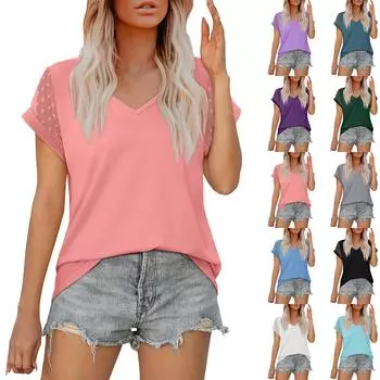 Женские топы с короткими рукавами, повседневные свободные футболки с v-образным вырезом, милые однотонные топы-туники с короткими рукавами L