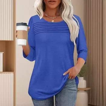 Женские топы с круглым вырезом 45720 рукав плиссированная блузка весна лето однотонный свободный XL розовый