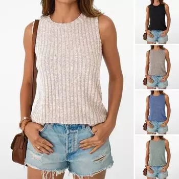Женские топы с круглым вырезом без рукавов, облегающие трикотажные топы, однотонные эластичные ребристые майки, повседневная одежда L