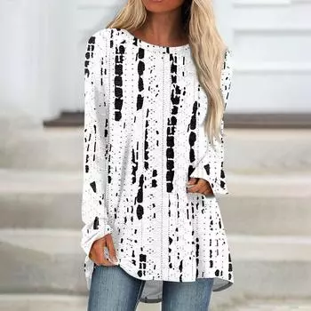 Женские топы с круглым вырезом, блузки с длинным рукавом, повседневные рубашки средней длины, модные туники с принтом XXL белый