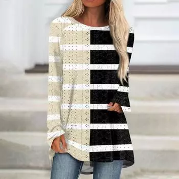 Женские топы с круглым вырезом, блузки с длинным рукавом, повседневные рубашки средней длины, модные туники с принтом L бежевый