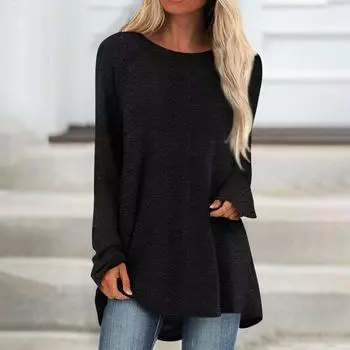 Женские топы с круглым вырезом, блузки с длинным рукавом, повседневные рубашки средней длины, модные туники с принтом S чёрный