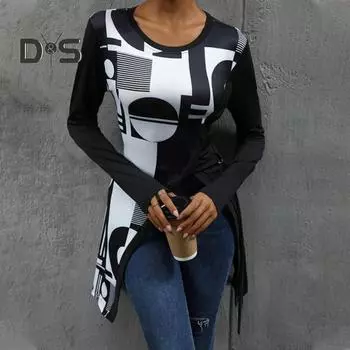 Женские топы с круглым вырезом, длинным рукавом, геометрическим принтом, облегающей футболкой, боковыми разрезами, отделкой бретельками, топы средней длины S чёрный