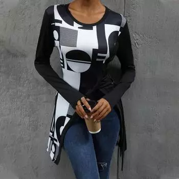 Женские топы с круглым вырезом, длинным рукавом, геометрическим принтом, облегающей футболкой, боковыми разрезами, отделкой бретельками, топы средней длины S темно-синий