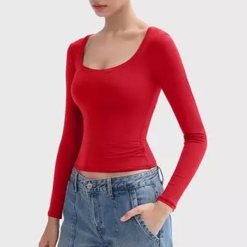 Женские топы с круглым вырезом, длинным рукавом, облегающие, однотонные, эластичные, стандартного кроя, универсальные блузки S белый