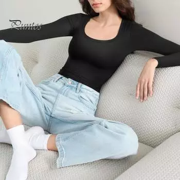 Женские топы с круглым вырезом, длинным рукавом, облегающие, однотонные, эластичные, стандартного кроя, универсальные блузки M абрикосовый