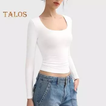 Женские топы с круглым вырезом, длинным рукавом, облегающие, однотонные, эластичные, стандартного кроя, универсальные блузки L абрикосовый