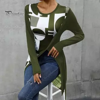 Женские топы с круглым вырезом, длинным рукавом, геометрическим принтом, облегающей футболкой, боковыми разрезами, отделкой бретельками, топы средней длины S темно-синий